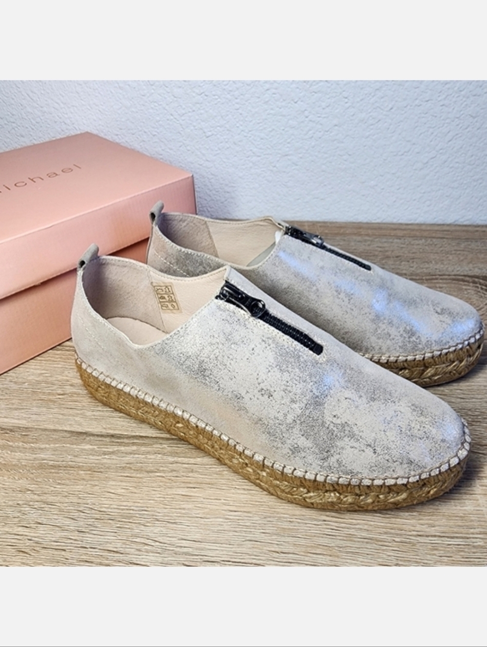 NIB ERIC MICHAEL Serena Metallic Suede Leather Platform Espadrille Shoe 39